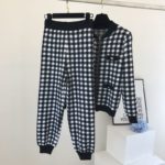 L-4XL Women Vintage Gold Button Plover Plaid Zipper Knitted Cardigans+Lante Pants 2 Piece Set Tracksuits Women - Image 2