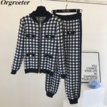 L-4XL Women Vintage Gold Button Plover Plaid Zipper Knitted Cardigans+Lante Pants 2 Piece Set Tracksuits Women