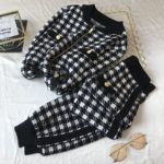 L-4XL Women Vintage Gold Button Plover Plaid Zipper Knitted Cardigans+Lante Pants 2 Piece Set Tracksuits Women - Image 3