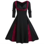 L-5xl Gothic Goth Dress Women Long Sleeve Lace Panel A Line Sweetheart Neck Vintage Dresses Платье Осень Ropa De Mujer vestido