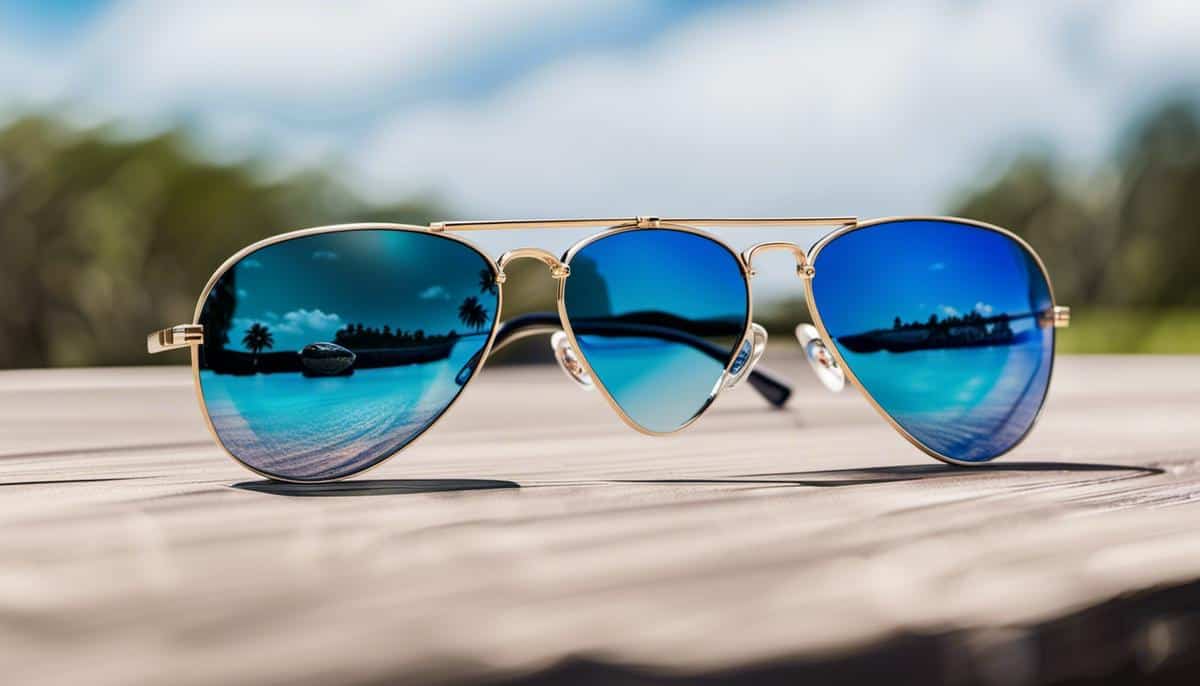 A pair of aviator sunglasses with metallic frames, dark lenses, and a reflection of the blue sky.