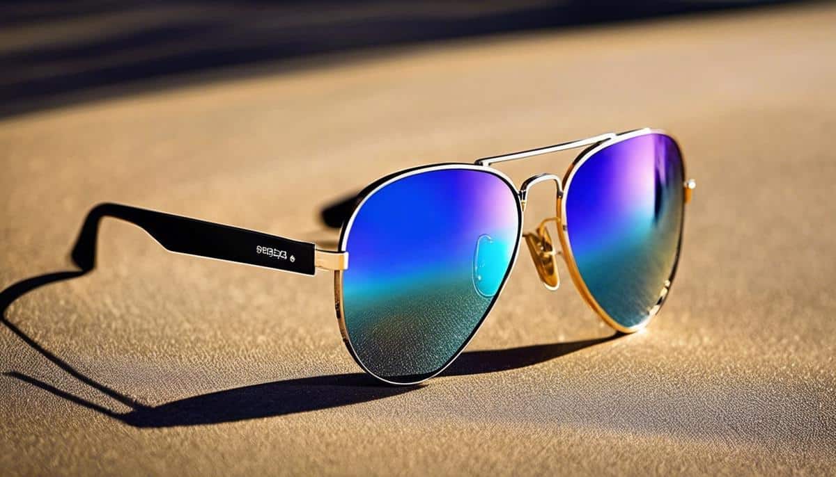 A pair of mirrored aviator sunglasses reflected in a mirror, symbolizing their ability to bring attention and glamour to an outfit.