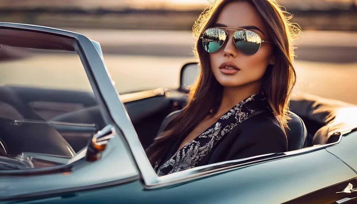 A fashionable pair of mirrored aviator sunglasses, reflecting sunlight and adding style to any outfit.